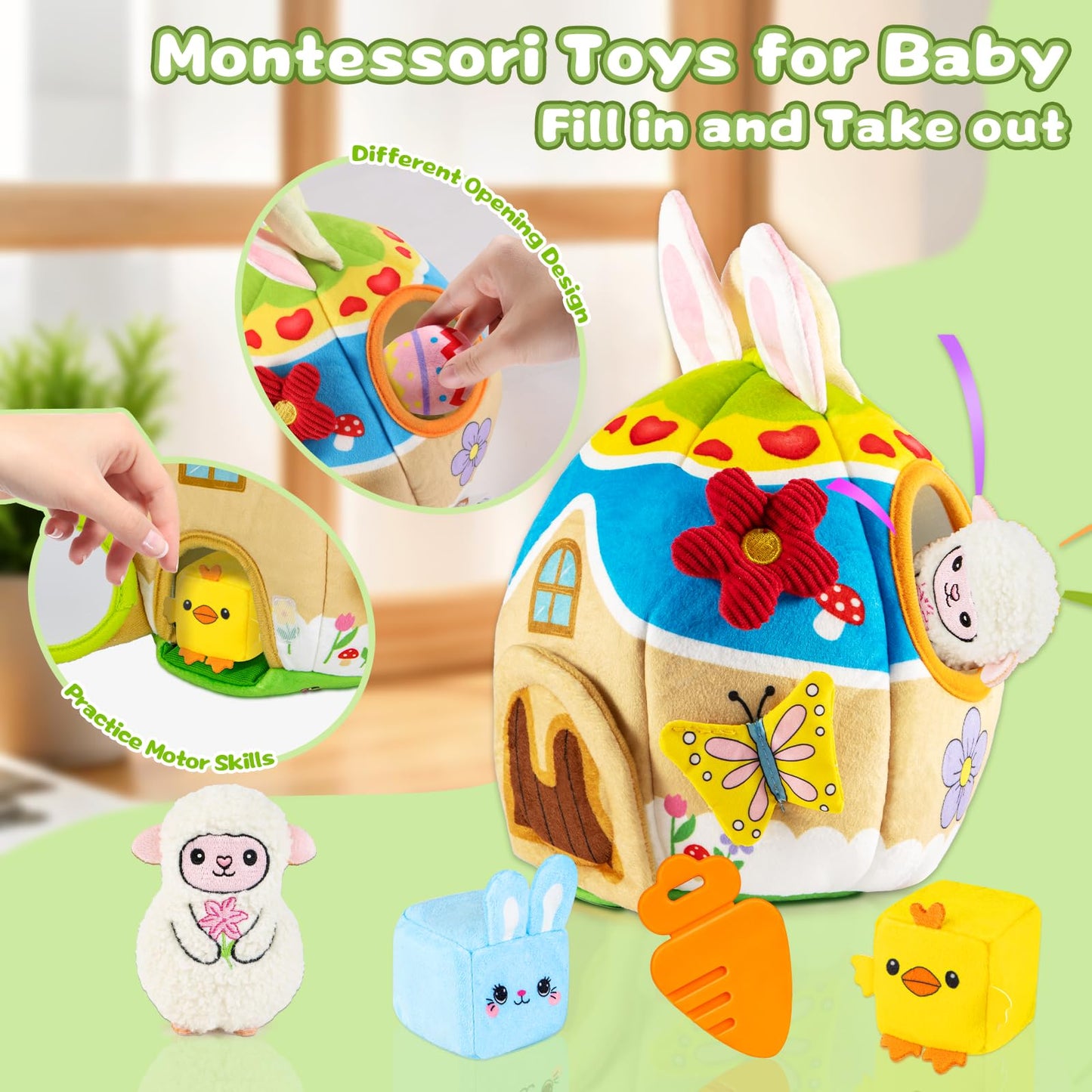 Baby Toys 6-12-18 Months - My First Plush Bunny Burrow with Stuffed Animals, Rattle, Crinkle, Teether, Montessori Sensory Toys for Babies Toddlers 1-3, Baby Easter Basket Stuffers for Boys Girls Gifts