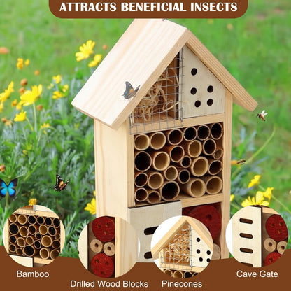 Novabright Wooden Insect House with Metal Stake Insect Hotel Bee House Natural Bug Habitat for Bee Butterfly Ladybirds Beneficial Bug Outdoor Garden Backyard