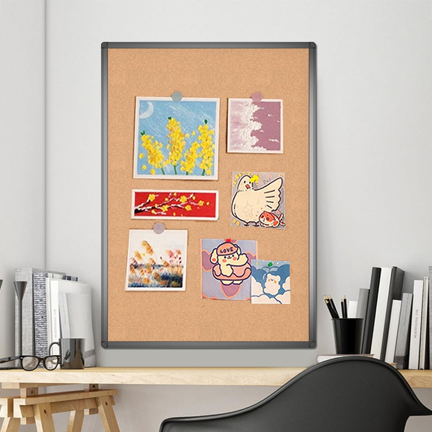 VIZ-PRO Cork Notice Board, 36 X 24 Inches, Cork Bulletin Board with Black Aluminium Frame