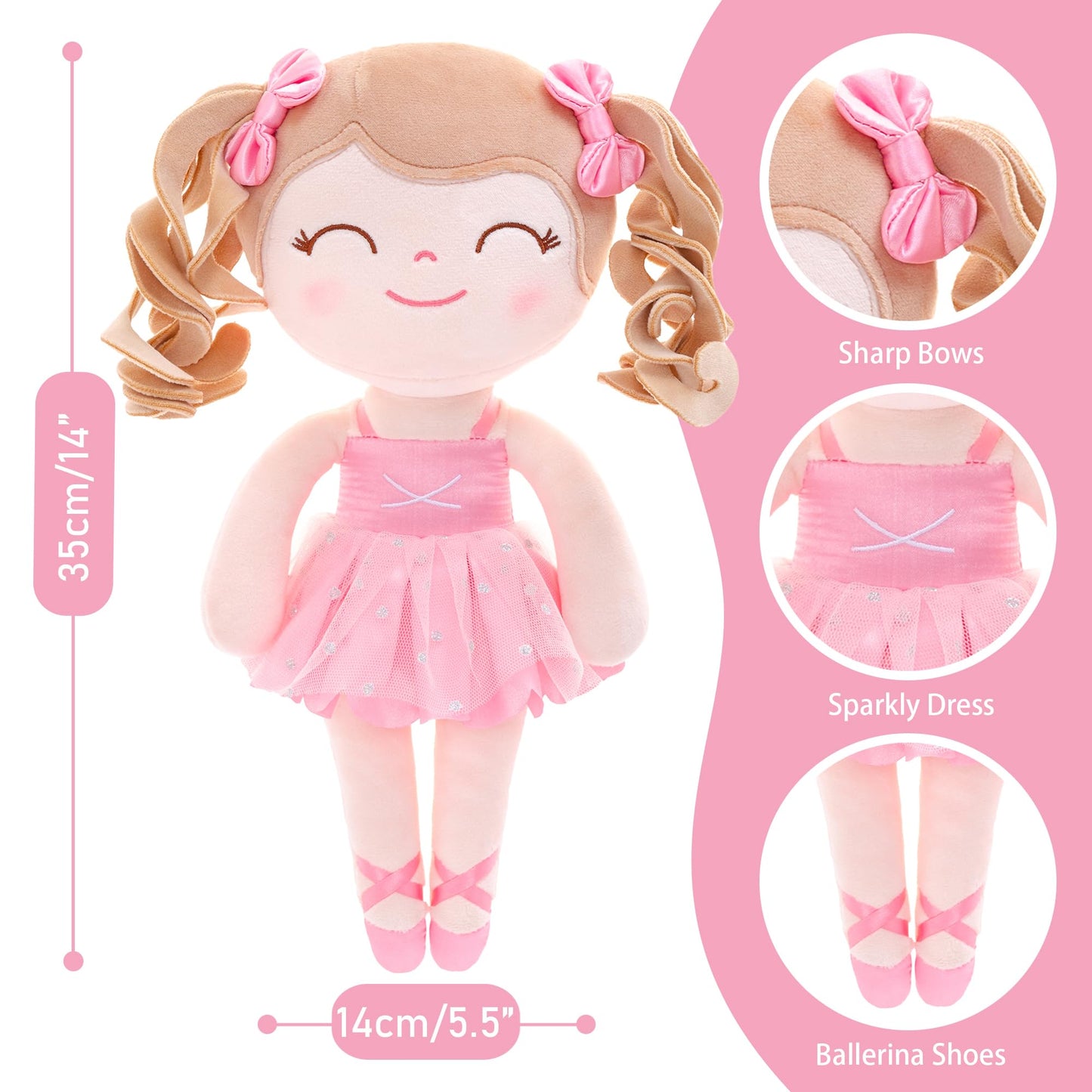 Gloveleya Baby Doll Gifts Plush Curly Hair Ballet Dolls Soft Girl Toys Pink 33CM