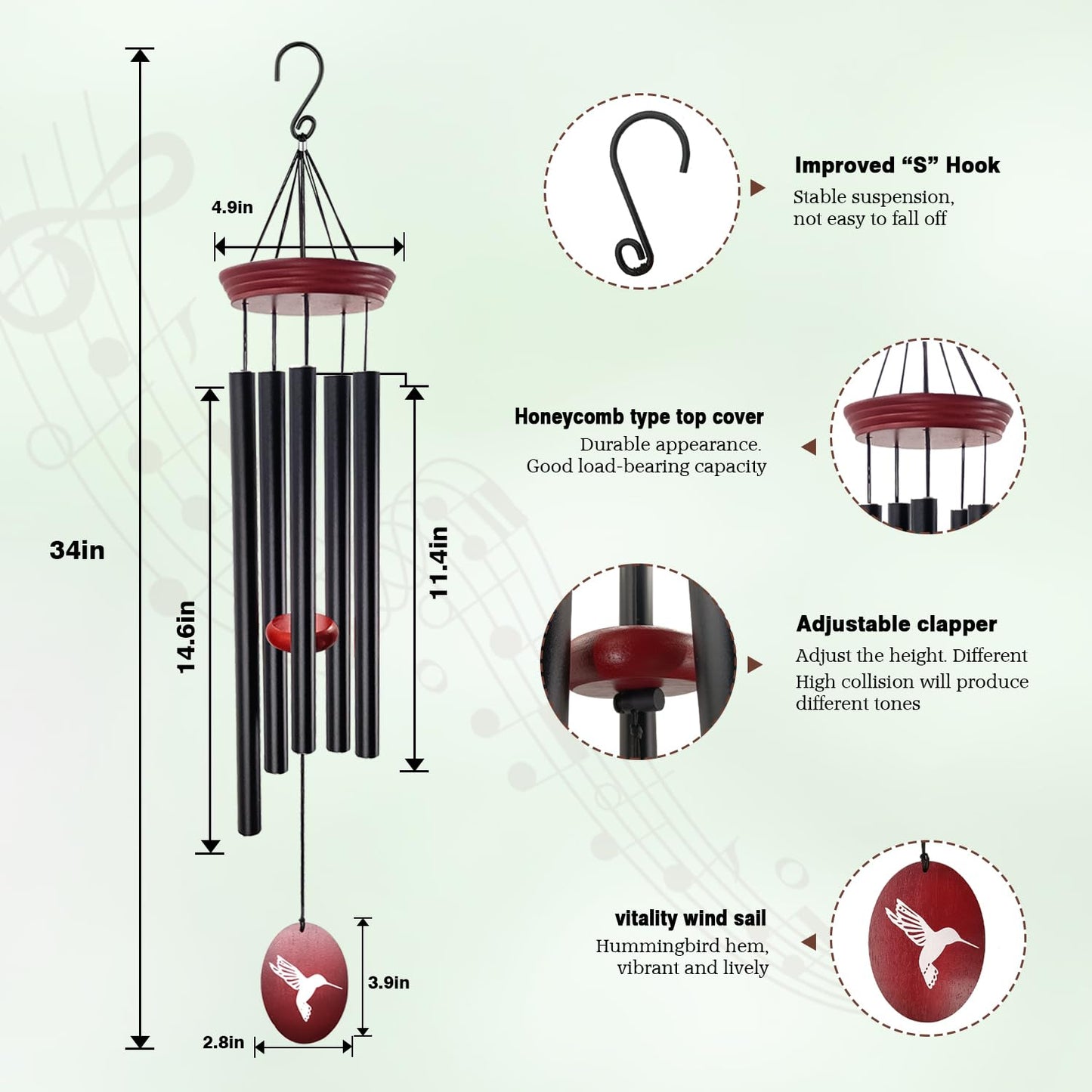 Howarmer Hummingbird Wind Chimes – 33" Outdoor Tuned Melody Wind Chime, Soothing Memorial Gift for Mom & Grandma, Weather-Resistant Metal Chimes for Garden, Patio, Yard & Home Décor