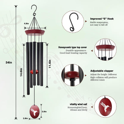 Howarmer Hummingbird Wind Chimes – 33" Outdoor Tuned Melody Wind Chime, Soothing Memorial Gift for Mom & Grandma, Weather-Resistant Metal Chimes for Garden, Patio, Yard & Home Décor
