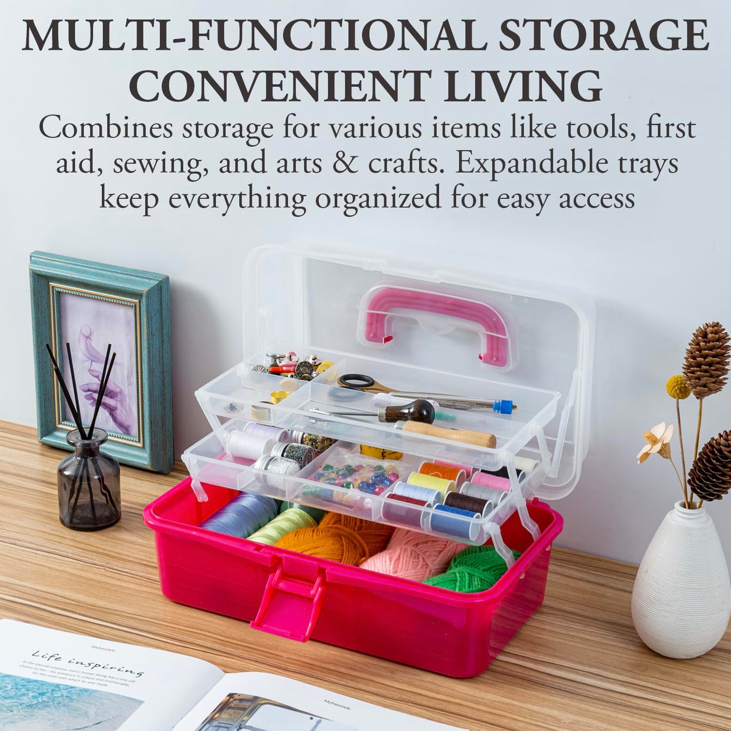 MyGift 13-Inch Dark Pink Plastic Craft Organizer and Storage Box – Clear Carrying Case with Latching Lid & 2 Expandable Trays for Sewing, Tools, First Aid, and Art Supplies