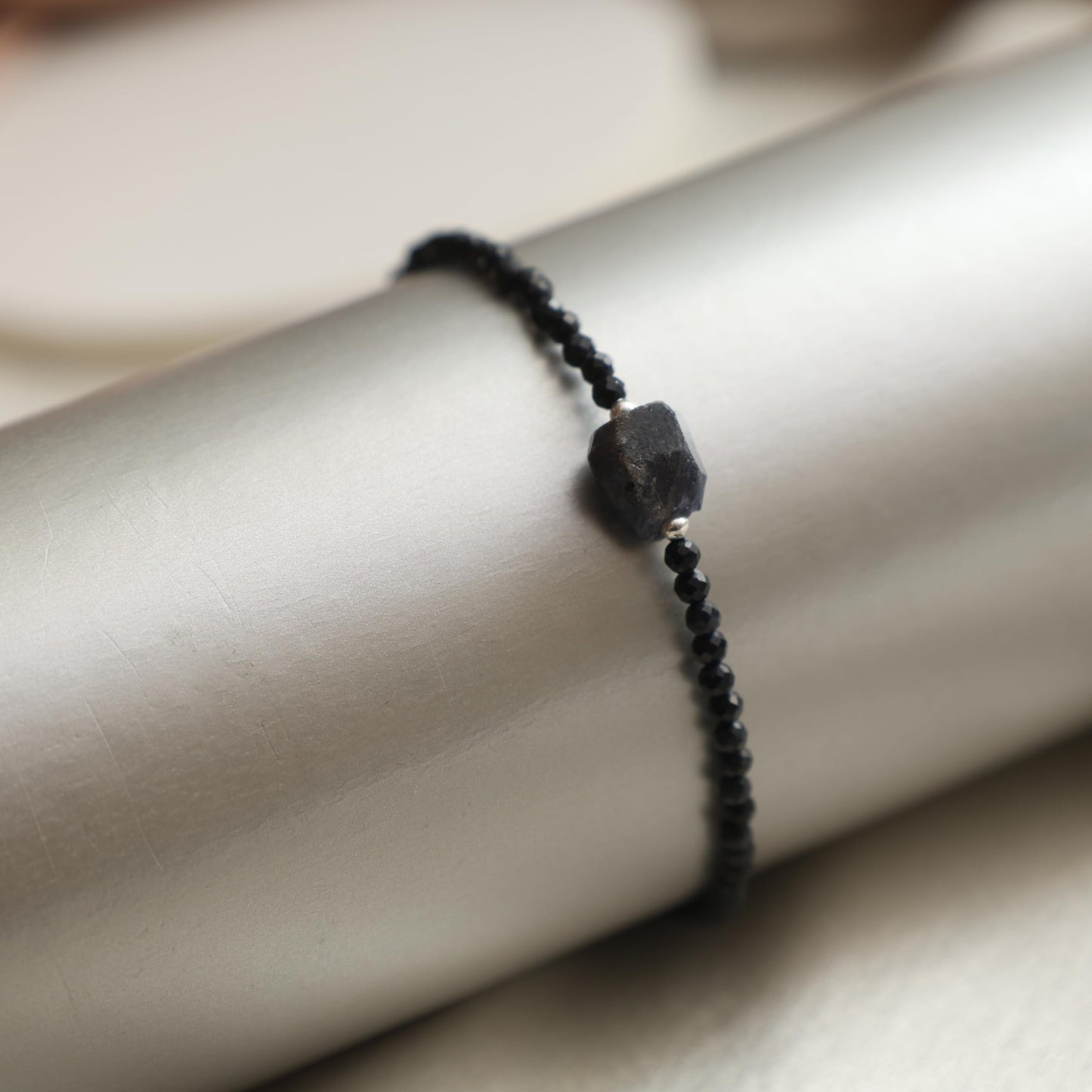 Gempires Natural Black Spinel Beaded Bracelet With Raw Gemstone Crystal Jewelry Hypoallergenic 8 Inch Silver Plated Lightweight Handmade Jewelry Gifts For Her