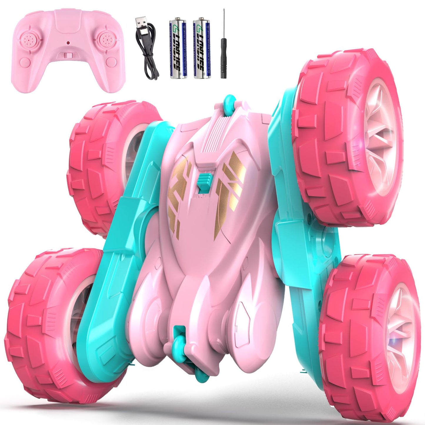 RacingFun Pink Remote Control Car for Girls，2.4 Ghz Double Sided RC Cars 360° Rotating Remote Control Crawler with USB-C Easy Charging Car Toys for 4 5 6 7 8 9 10 Girls Birthday Gift Grandkids