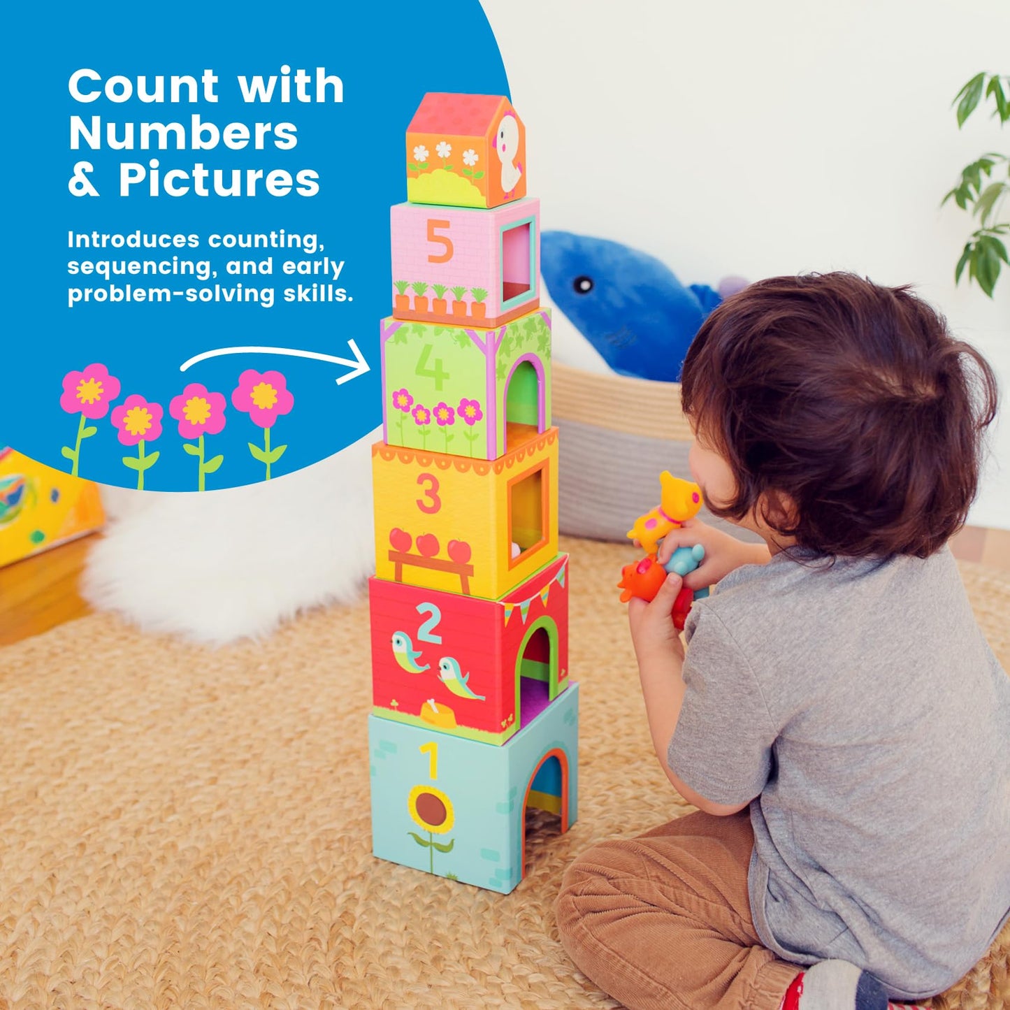DJECO - Topanifarm Blocks - Build a Farm, Wooden Blocks & Animal Toys - Sorting & Stacking - Enhances Fine Motor Skills - Durable Playtime - Cute Design - Preschool Kids 18+ Months