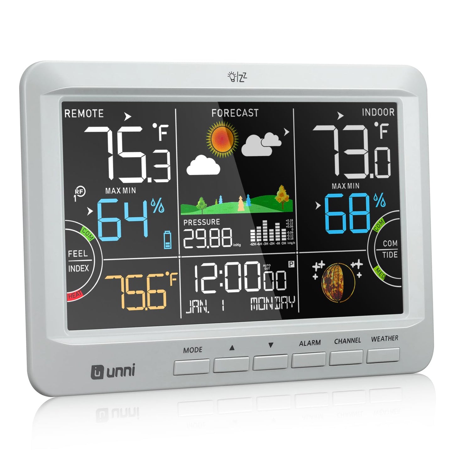 Weather Station Indoor Outdoor Thermometer Wireless, Home Atomic Clock with Large Constant Display, Inside Outside Temperature Humidity Monitor, Dew Heat Point, Barometer Grey