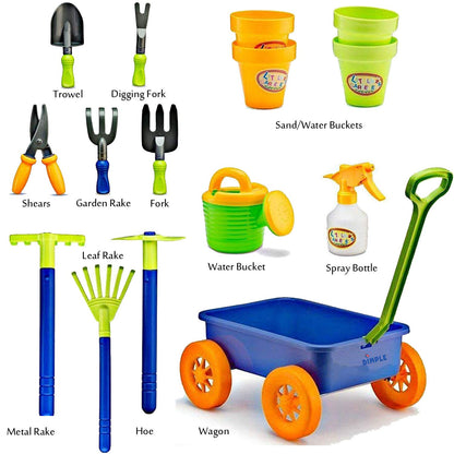 Dimple DCN12752 Garden Wagon & Tools Toy Set Premium 15Piece Gardening Tools & Wagon Toy Set Sturdy & Durable-Top Yd, Beach, Sand, Garden Toy-Great for Kids & Toddlers, Multicolor