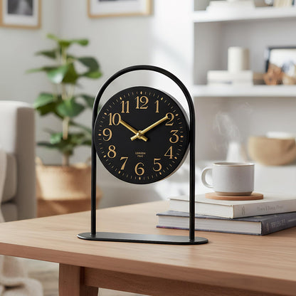 Modern Black Desk Clock - 10.6 Inch Arched Table Clock with Silent Non-Ticking Quartz Movement, Battery Operated Decorative Mantel Clock with Gold Arabic Numerals for Bedroom, Shelf & Office Decor