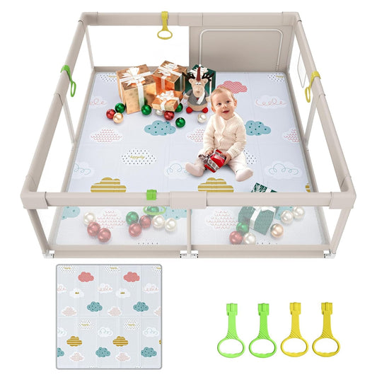 Fodoss Baby Playpen with Mat, 59x59in Playpen for Babies and Toddlers, Kids Play Pen, Extra Large Baby Fence for Infants with Playmates, Toddler Playard