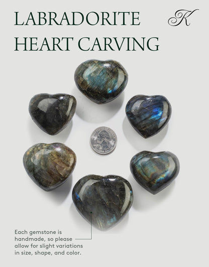 KALIFANO Labradorite Heart - Worry Stone with Healing & Calming Effects - AAA Grade High Energy Labradorita with Information Card - Reiki Crystal Carving Used for Cleansing