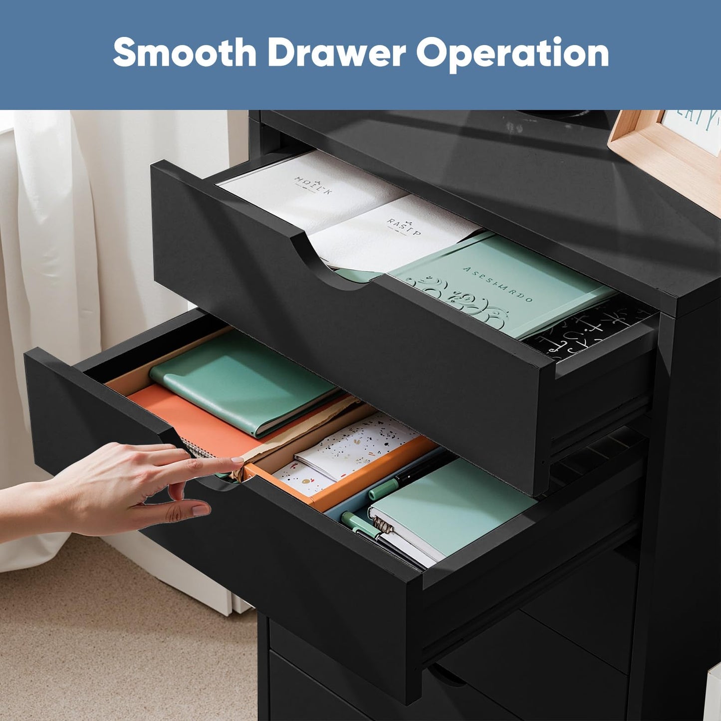 OLIXIS 7 Drawer Mobile File Cabinet Under Desk Storage Organization with Wheels Vertical Filing Chest Rolling Wood Small Desk Printer Stand for Home Office, 15.75"D x 18.74"W x 34.25"H, Black