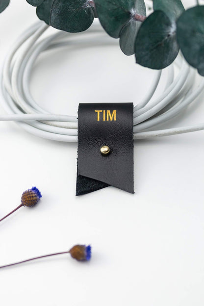 Keyaiira - Personalized Leather Cable Holder with Gold Closure - laptop charging cord keeper customized wire organizer monogram gift ideas tech and travel accessories earbud holder stocking stuffer