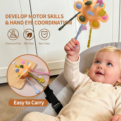 Little Rawr Silicone Baby Sensory Montessori Toys & Pull String Toys for 18 M+, Toddler Birthday Gift Car Seat Airplane Travel Toy for 1 2 Year Old Boy Girl Infant 18 Months Old (Orange)