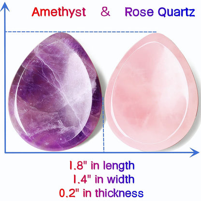 QINJIEJIE 2PCS Thumb Worry Stone for Anxiety Rose Quartz Amethyst Healing Crystals Sets Hand Carved Pocket Gemstones Meditation Crystal Reiki Palm Stone for Anxiety Relief Items