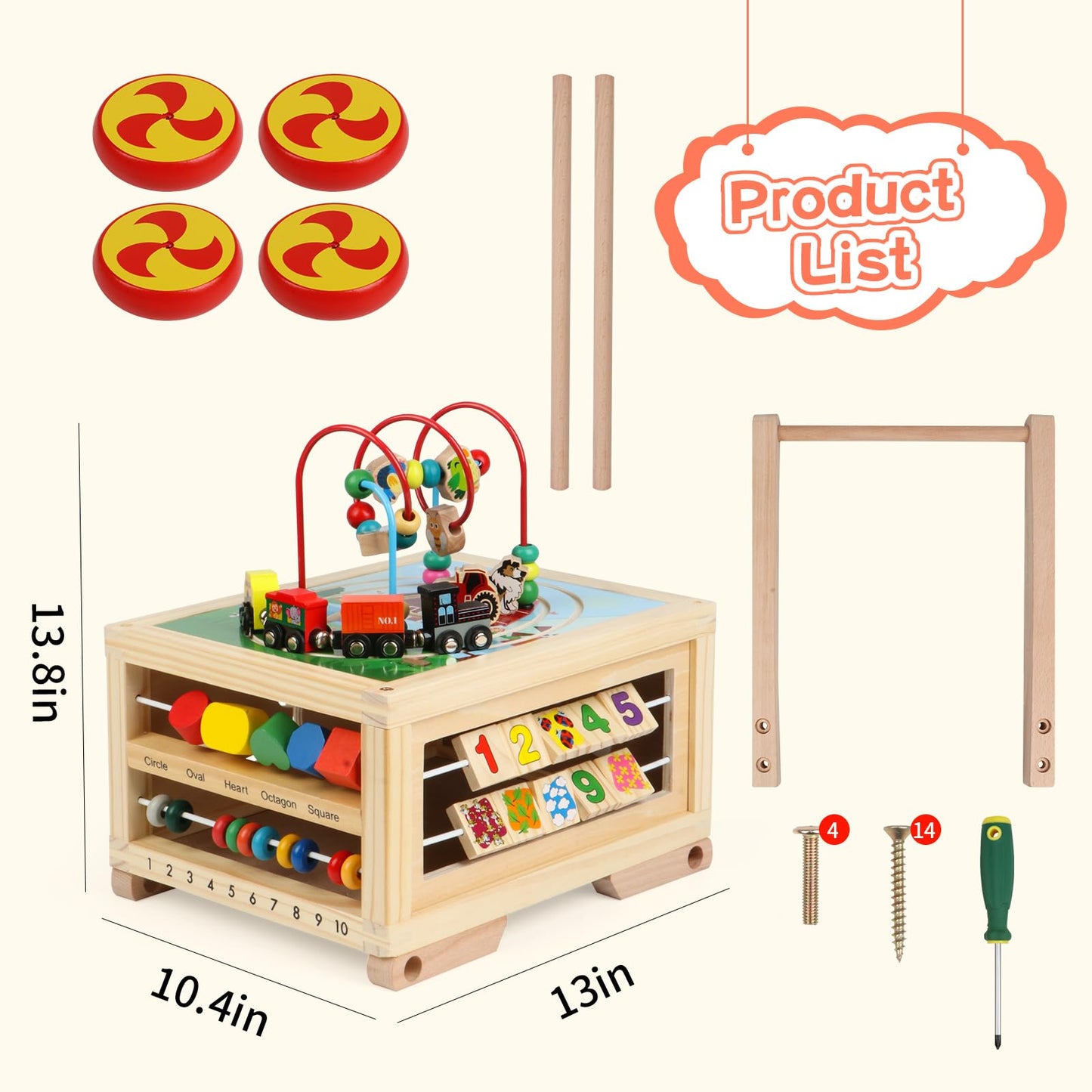 Wooden Activity Cube 7-in-1 Montessori Toys for 1+ Year Old Boys Girls Educational Learning Toys for Toddlers Age 1-2 One Year Old First Birthday Gift Bead Maze Magnetic Trains Track Shape Sorter