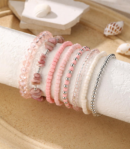 Noessla Boho Beaded Bracelets for Women Stackable Irregular Natural Stone Bead Stretch Bracelet Set 8PCS Costume Jewelry Gifts for Her(Pink)