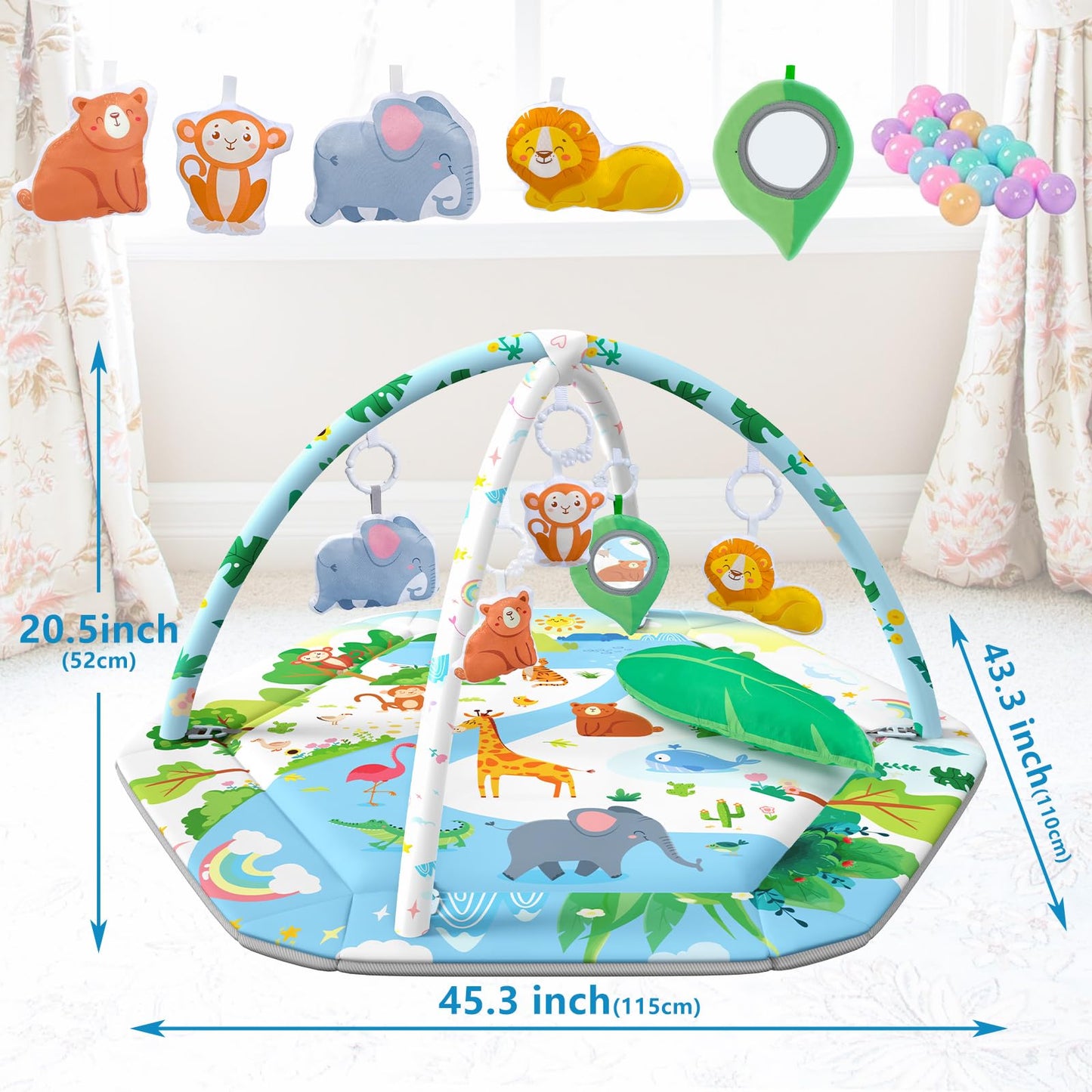 ZFDEBY Baby Gym Play Mat, 8-in-1 Tummy Time Mat & Activity Gym Mat Ball Pit with Detachable Toys, Washable Infant Play Mat for Visual, Hearing, Sensory, Motor Development, Newborn Baby Toys Gift for Toddler 0-3-6-9-12 Months Easy to Install