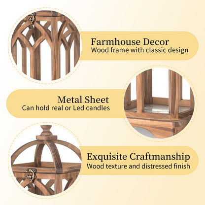 Romadedi Farmhouse Candle Lantern Wooden - 12" / 16" Set of 2 Decorative Rustic Wood Candle Holder Home Decor Decoration Wedding Table Centerpiece, Brown
