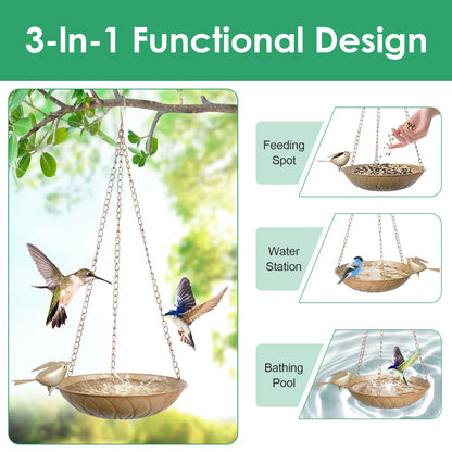 Hanging Bird Bath for Outside, 2 Pack Metal Birds Feeder & Water Bowl with Chains and S-Hooks,Birdbath Hanging for Outdoors Bird Feeder Seed Tray Garden Yard Decor (Rustic Gold)