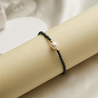 Gempires Black Spinel Beaded Bracelet with Pearl, Handcrafted Fresh Pearl and Gemstone Beads Adjustable Bracelet in 14k Hypoallergenic Gold Plated, Gift for Her (7.5 + 1 Inch Extender)