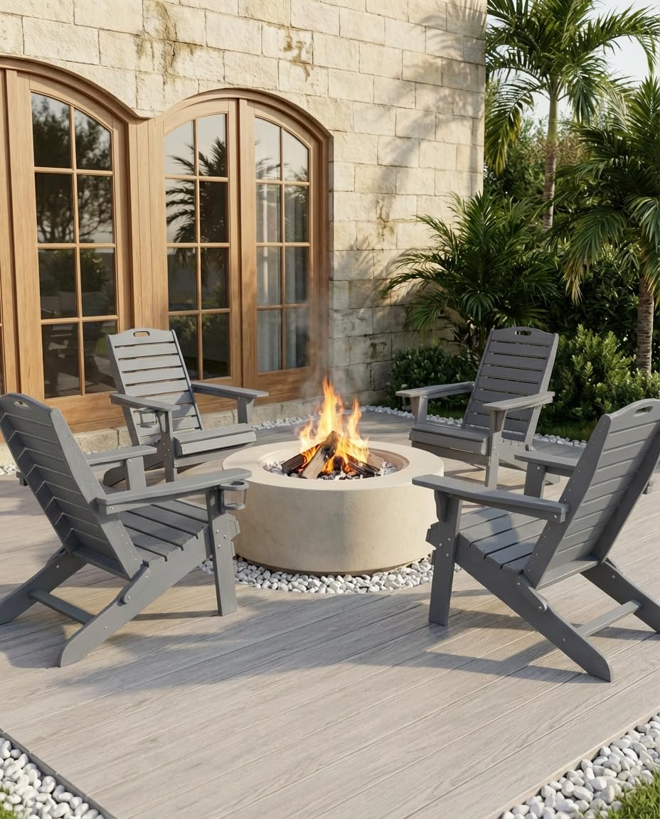 SUUNYN Folding Adirondack Chair with Retractable Ottoman, Weather Resistant Fire Pit Chair Patio Chair with 2 Cup Holder Lawn Outdoor Lounge Chair (Grey)
