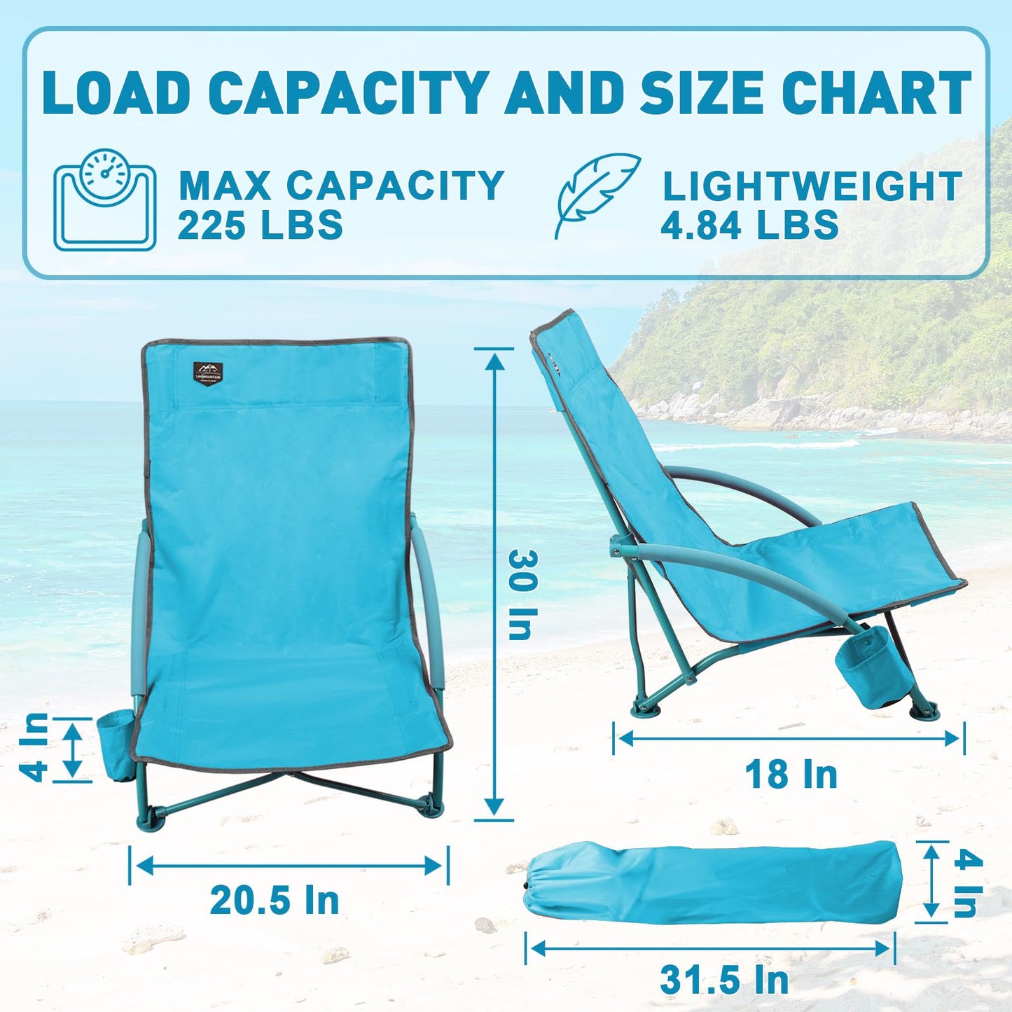 LANMOUNTAIN 2 Pack Low Beach Chair,Folding Recliner Camping Chair for Adults,Lightweight Backpacking Low Seat Camping Chairs with Cup Holder,Carry Bag for Outdoor Camp Lawn Picnic Festival,Blue