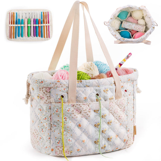 MYBAGZING Portable Crochet Bag Organizer with Crochet Hook Organizer Roll, Quilted Yarn Storage Tote with Grommets, Knitting Project Bag for Yarn & Accessories, Floral Craft Tote Gift for Crocheters