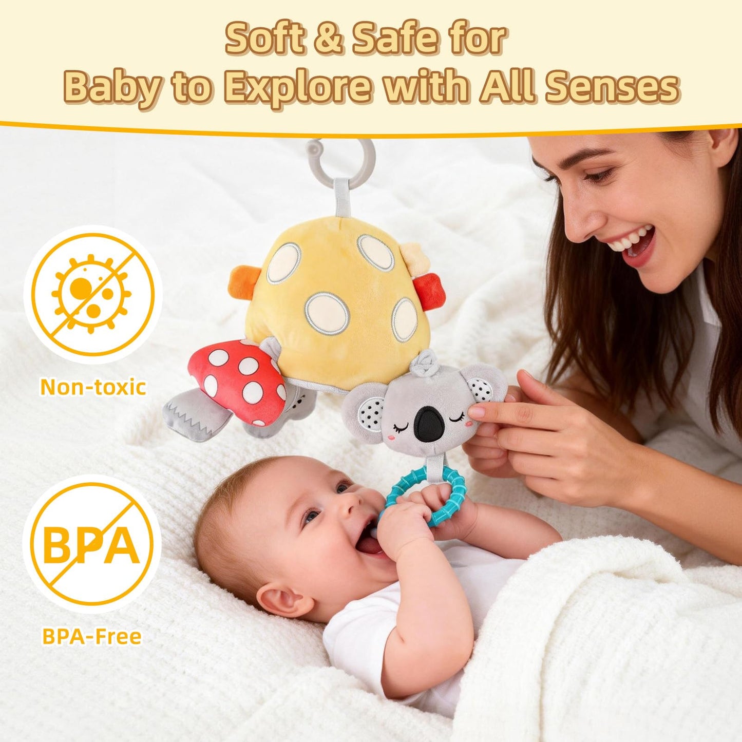 littlove Musical Baby Pull Vibration Toy for Car Seat 6-12 Months, Travel Sensory Toy 3 Months, Montessori Plush Toys for Roadtrip with Crinkle Textures Flutter Squeaky Mirror Newborn Infant Gift