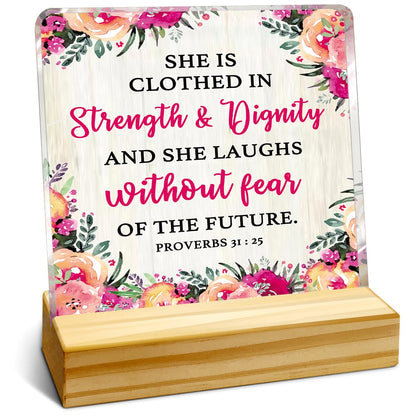 Christmas Gift For Women, Birthday Thanksgiving Christmas Gift, Acrylic Plaque With Wooden Stand Desk Decor, Proverbs 31:25 She Is Clothed In Strength And Dignity Sign