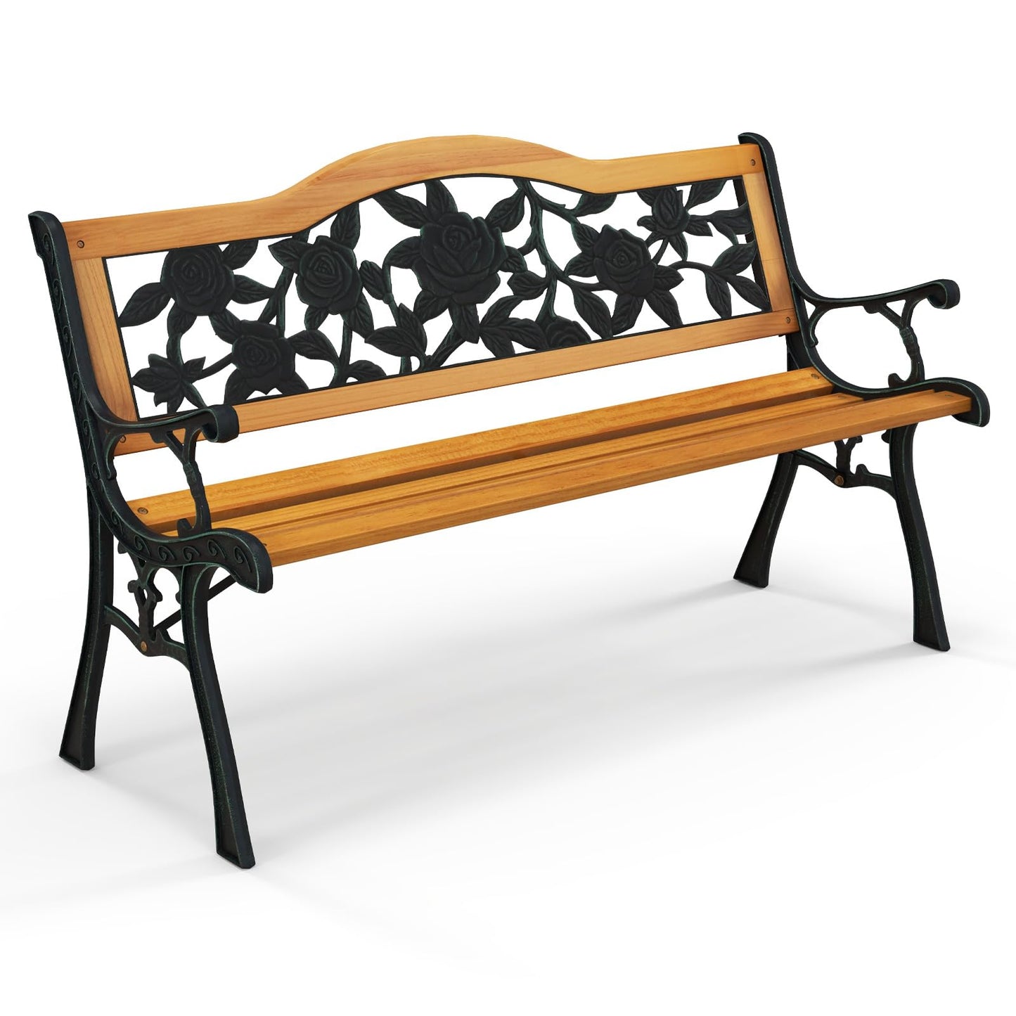Tangkula Outdoor Garden Bench Park Bench, Patio Furniture Bench Chair with Cast Iron & Hardwood Structure, Weather Proof Porch Loveseat, Perfect for Backyard, Deck, Lawn, Poolside