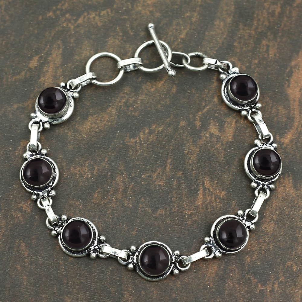 Natural Black Onyx 925 Silver Plated Adjustable Bracelet for Women - July Birthstone Round Gemstone Handmade Bohemian Link Bracelet - Wedding Christmas Valentine Day Gifts for Her
