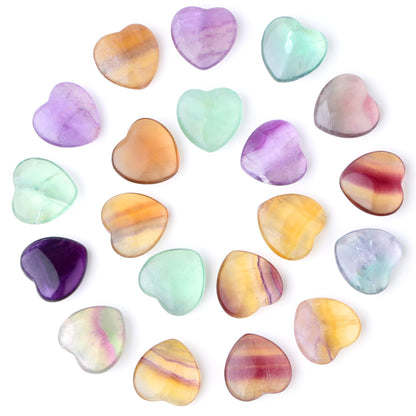 YATOJUZI 20PCS Fluorite Heart Stone Natural Healing Crystals Love Crystal Heart Bulk Wholesale Polished Stones Cute Pocket Gemstones Reiki Energy Gifts for Women
