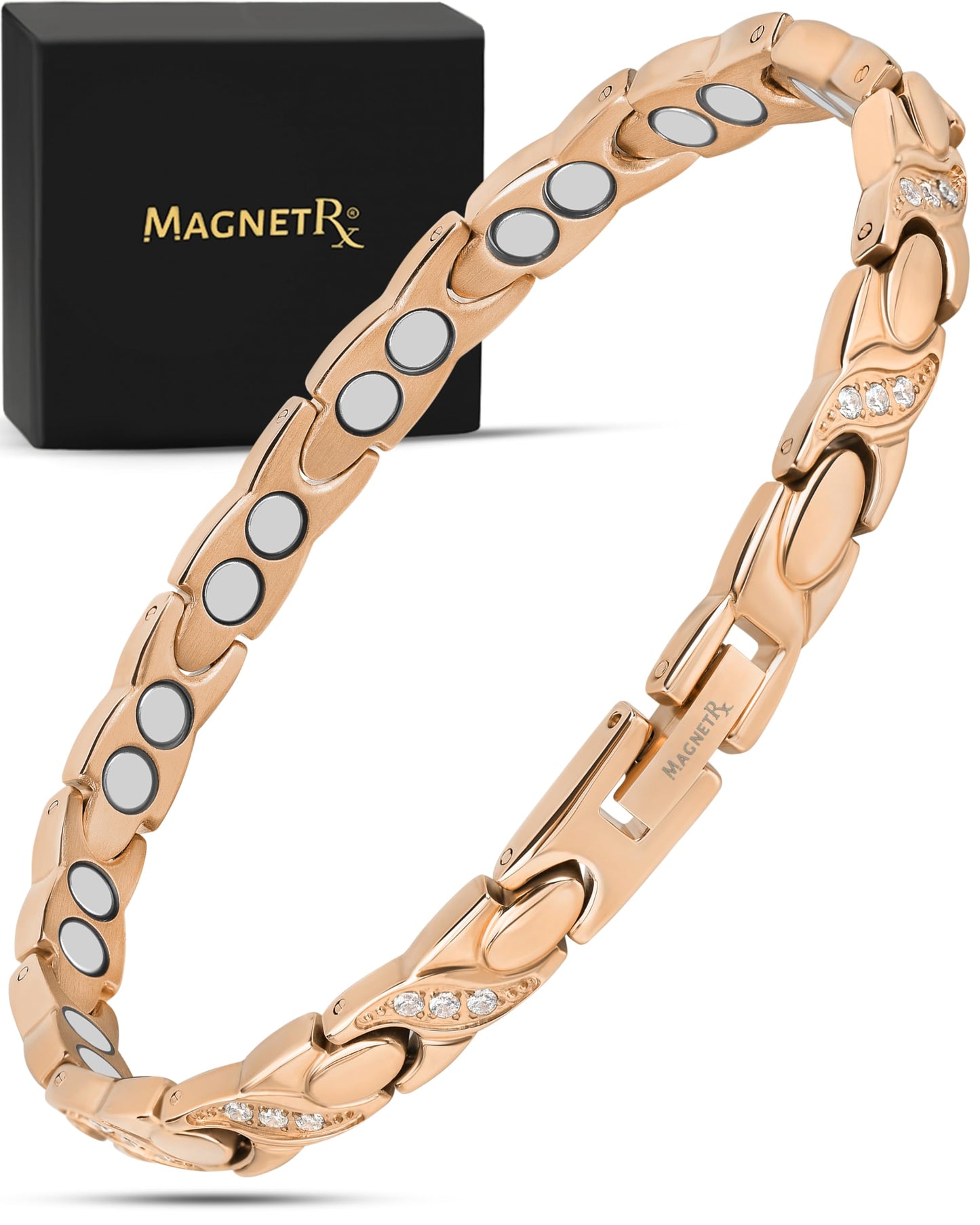 MagnetRX® Ultra Strength Magnetic Bracelets for Women – Double Magnet Stainless Steel Crystal Bracelet for Women – Adjustable Bracelet Length with Sizing Tool (Rose Gold XO)