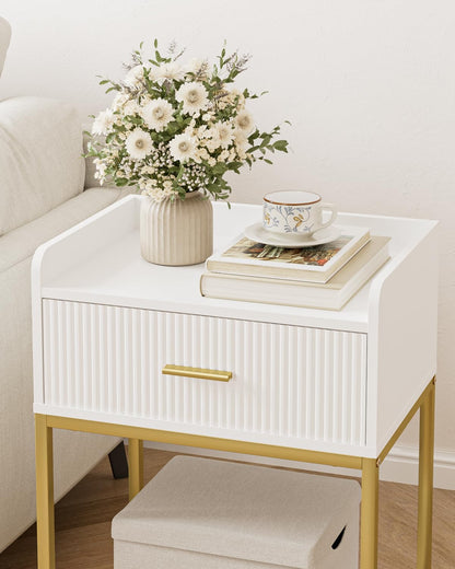 Apetaccat Night Stand, 3-Tier Bed Side Table, Small End Table, Nightstand with Open Shelf and Drawer, Bedside Table for Bedroom, Living Room, White