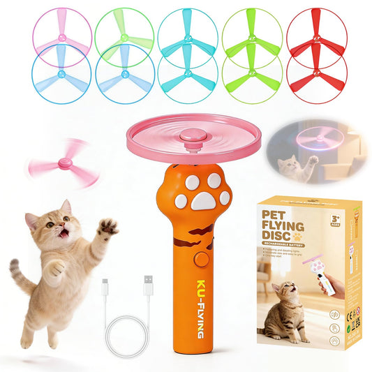 Cat Fetch Toy Launcher,Flying Disc Launcher Toy Rechargeable with 10 Flying Discs,Flying Cat Toy Disc Launcher for Kitten Dog Playing Interactive Hunting Tracking Toys for Outdoor Indoor,Orange
