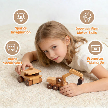 kienvy Wooden Toy Cars for 3 Year Old Boys & Girls - Construction Vehicles Set Push Toys for Toddlers, Wood Montessori Car with Rolling Wheels, Natural Wood Toys (Excavator & Dump Truck)