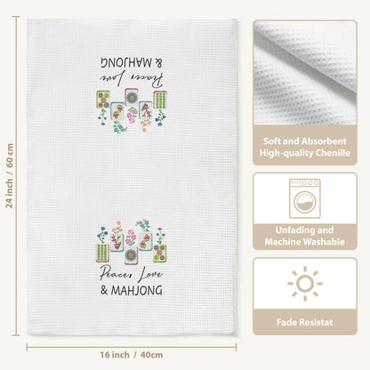 Bogatstvo Mahjong Gifts Dish Towels for Women Friends, Set of 2 Floral Mahjong Decorative Waffle Weave Kitchen Towels for Home Bar Bathroom, Housewarming Birthday Mothersday Gifts, Peace Love & Mahj