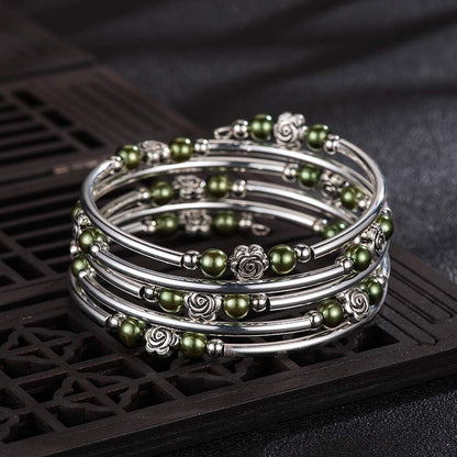 BULINLIN Wrap Bangle Rose Bead Bracelet - Beaded Bracelet with Natural Agate Stone Gifts For Women(01-Olive green pearl)