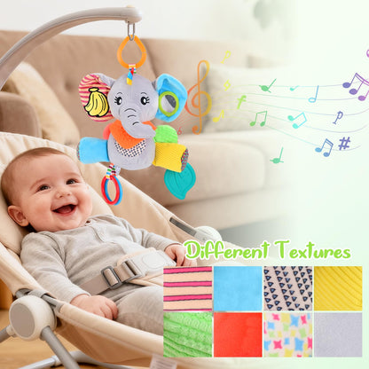 CaftyMids Baby Toys 0-6-12 Months: Elephant with Detachable Touch-Sensitive Sound Box (30 Sounds), Removable Bib, Teether, Rattle, BB Squeaker, Mirror | Attaches to Strollers, Car Seats, Carriers