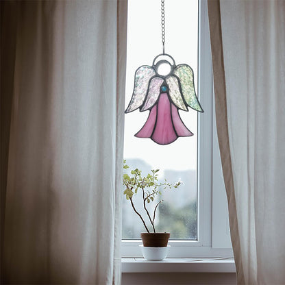 Stained Glass Angel Window Hanging Pink Angel Sun Catcher Handmade Home Ornament Decor Thank You Mother Gifts for Family,Friends,Nurse,Memorial