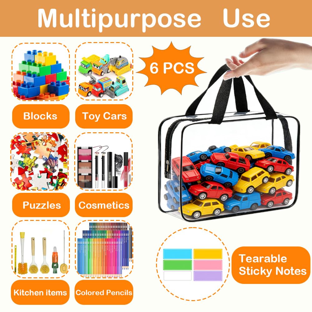 6 Packs Extra Large Toy Storage Bags with Zipper, Reusable Clear PVC Toy Organizer Bag with Labels for Blocks, 11.8″×8.6″×3.9″ Travel Waterproof Organizer Bags for Puzzles, Plastic Toy Container