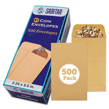 #1 Coin Envelopes Durable Kraft 2.25"x3.5", 500 Pcs Small Key Envelope with Gummed Flap, Seed Envelopes for Storing Seeds, Tip Envelope for Cash