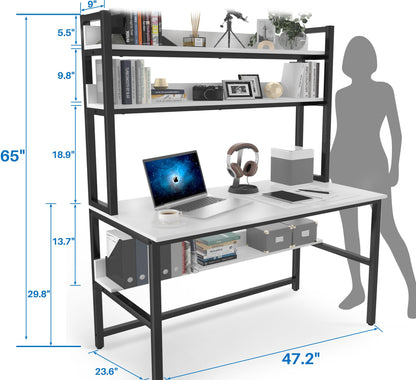 Aquzee Computer Desk with Shelves, 47" W x 23.6" D Gaming Desk with Hutch and Bookshelf, White Study Table for Bedroom Space Saving with 3 Tier Storage Shelf, Home Office Desk for Writing Work