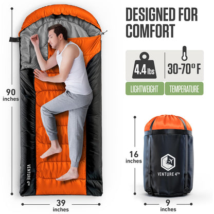 VENTURE 4TH 3-Season XXL Backpacking Sleeping Bag, Camping Sleeping Bags for Adults & Kids - Lightweight, Comfortable, Water Resistant, Ideal for Hiking, Camping & Outdoor – Orange/Black