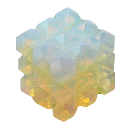 Amazing Gemstone Opalite Crystal Cube with 54 Pyramid - 1" Mini Lemurian Pyramid Cube Figurine of Natural Stone Pyramid for Meditation, Reiki, Chakra Balancing Vastu Pooja and Crystal Grids
