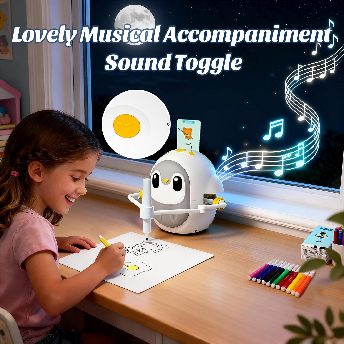 GMYGBY Drawing Robot for Kids, Montessori Learning Drawing Machine with 200 Cards, Smart Educational Painting Toy for 3 4 5 6 7 8 Year Old Boys Girls Birthday Party Gift- (Penguin)