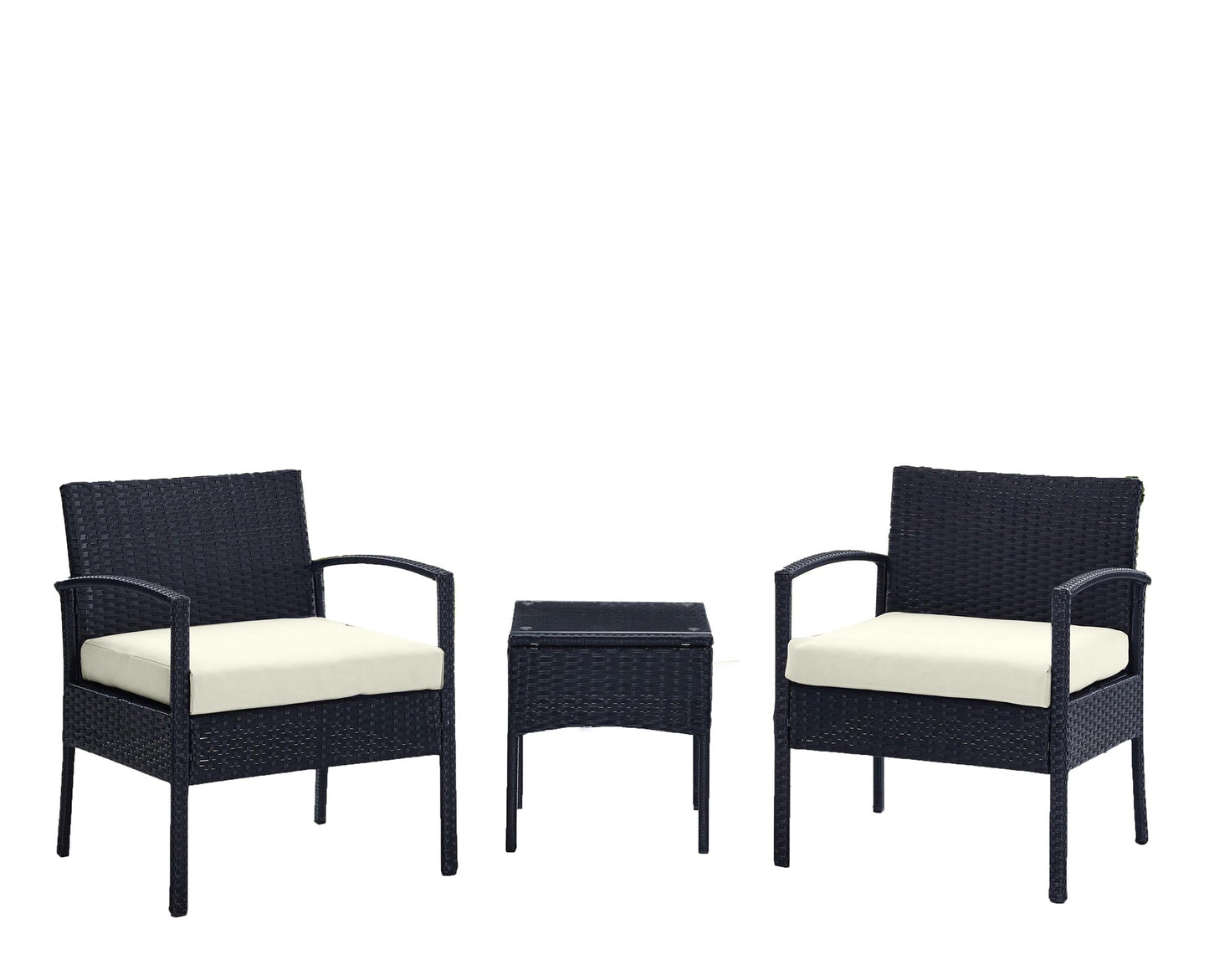 Manhattan Comfort Noli 3-Piece Patio Conversation Set, Outdoor Furniture Made of Steel Rattan | Includes 2 Modern Armchairs, Tempered Glass End Table, Removable Waterproof Cushions, Cream