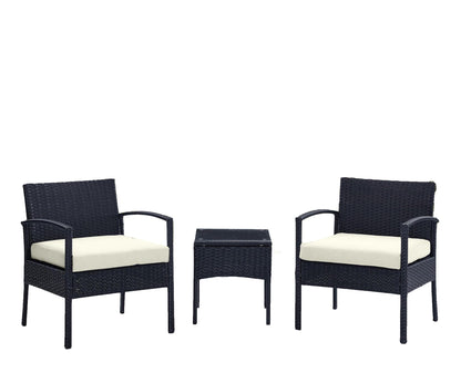 Manhattan Comfort Noli 3-Piece Patio Conversation Set, Outdoor Furniture Made of Steel Rattan | Includes 2 Modern Armchairs, Tempered Glass End Table, Removable Waterproof Cushions, Cream
