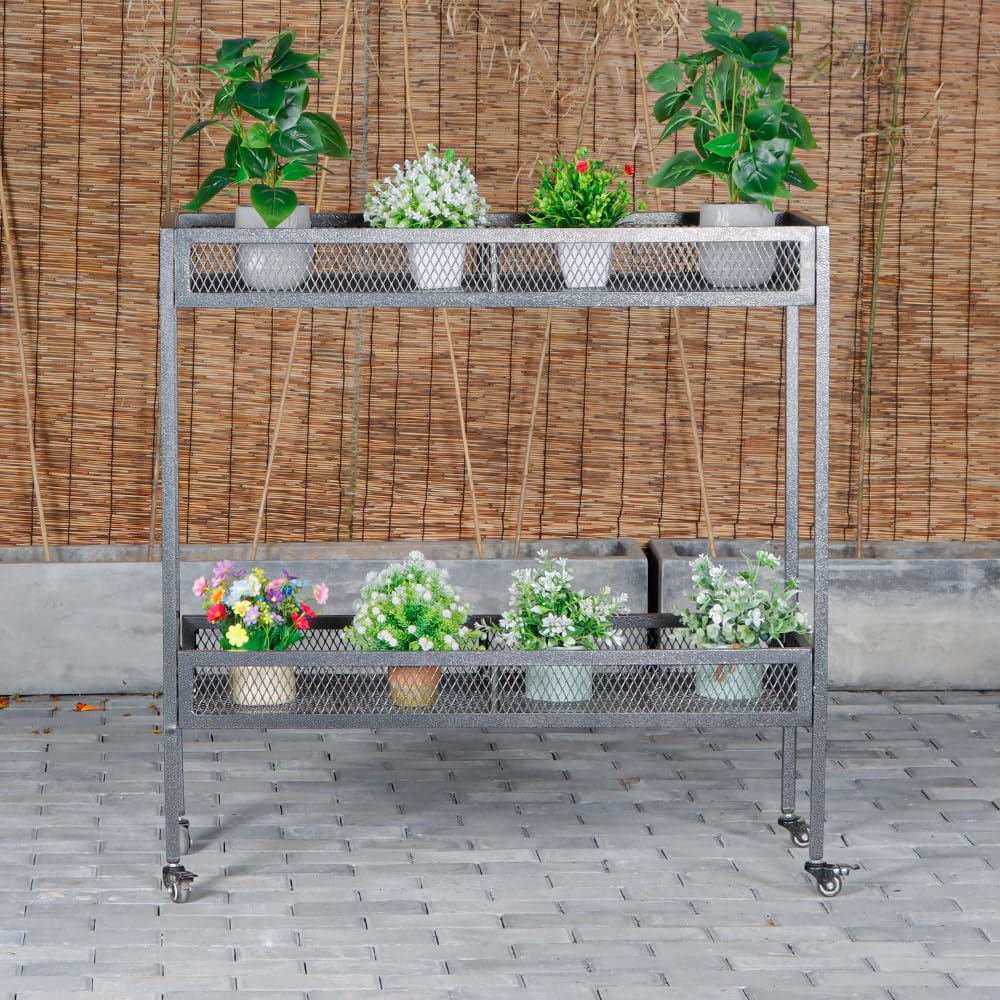 DHYGOTFUR 2-Tier Aluminum Plant Stand Outdoor Indoor with Lockable 360° Wheels & Grid Guardrails, Heavy-Duty Metal Plant Rack Anti-Fall, Mobile Display Shelf for Patio Garden Balcony Lawn